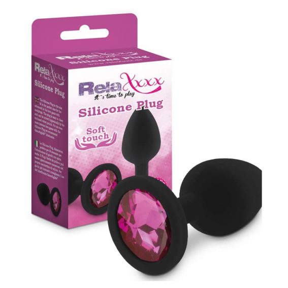 Relaxxxx Silicone Black Butt Plug With Pink Diamonte (medium)